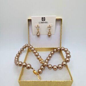 LORREN BELL Golden Brown Faux Pearl Beaded Necklace Earring Set Rhinestone